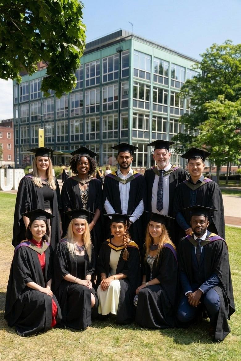 Group graduation portrait with multiple graduates